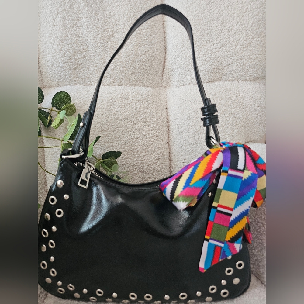 Black Studded Glam Shoulder Bag with Colorful Scarf Accent - Picture 6 of 11